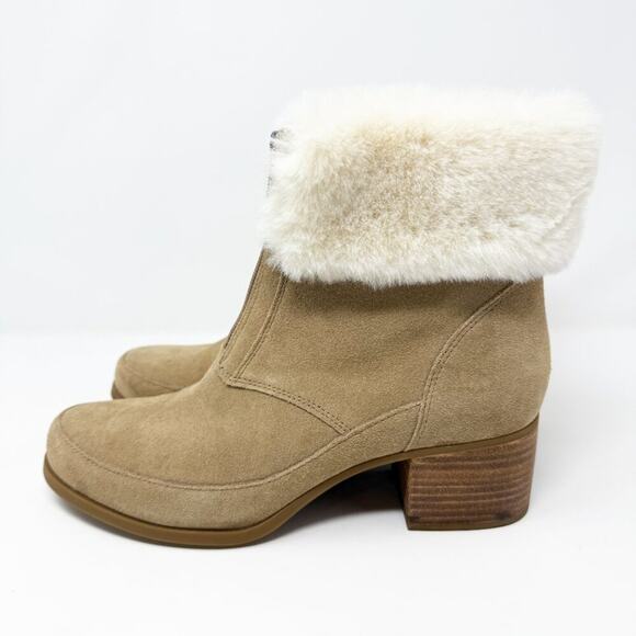 Koolaburra by Ugg Tan Suede Ankle Booties Women's Sz 10 Front Zip Faux Fir Trim - Picture 3 of 9